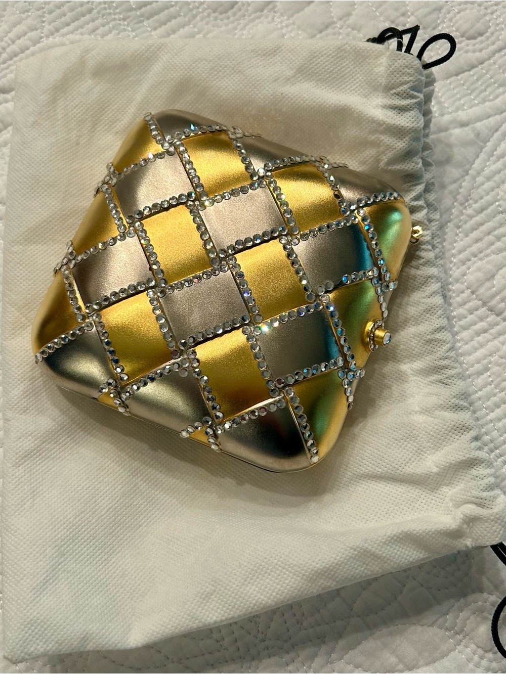 Elegant Elan Gold and Silver Quilted Crystal-Trim Clutch